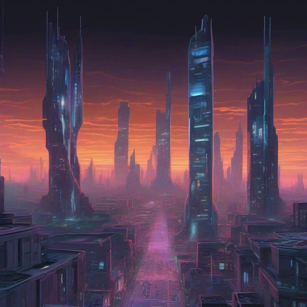 Generate a hauntingly futuristic cityscape at dusk, with a lone, towering AI laboratory looming in the distance, its windows ablaze with a mesmerizing dance of algorithmic light, while a faint, ethereal glow of holographic projections flickers across the deserted streets, casting an otherworldly aura over the desolate urban landscape.. The image is in Cartoon, futuristic, illustrative style