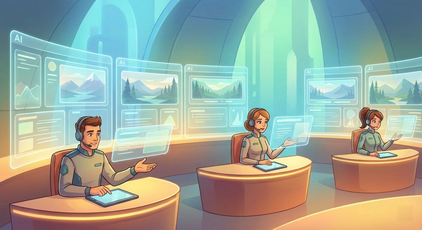 A futuristic customer service center with a sleek, high-tech backdrop: rows of AI-powered chatbots in glowing blue and green hues, each surrounded by soft screens displaying calming background images, while a few human customer service representatives in the foreground focus intently on complex issues with empathetic expressions, set against a warm, inviting ambient lighting. Cartoon, futuristic, illustrative