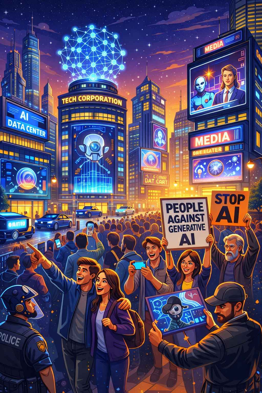 Create a futuristic cityscape at dusk, with towering skyscrapers of various industries, such as tech and media, prominently displaying AI-powered infrastructure like neural network hubs and data centers. Amidst the bustling streets, a mix of people, some enthusiastically embracing AI, while others protest against its growing presence, amidst a backdrop of AI-generated advertisements and media. Cartoon, futuristic, illustrative