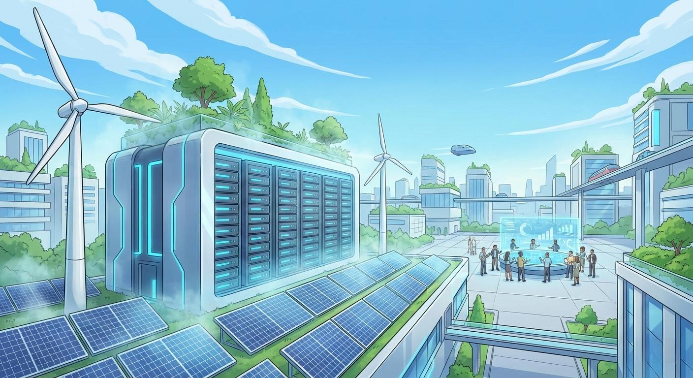 Illustrate a clean, futuristic cityscape with a massive, sleek server farm in the foreground, surrounded by solar panels and wind turbines, with a gentle mist of greenery rising from the rooftops, and a group of people working collaboratively on a holographic display in the distance, amidst a bright blue sky with a few wispy clouds. Cartoon, futuristic, illustrative