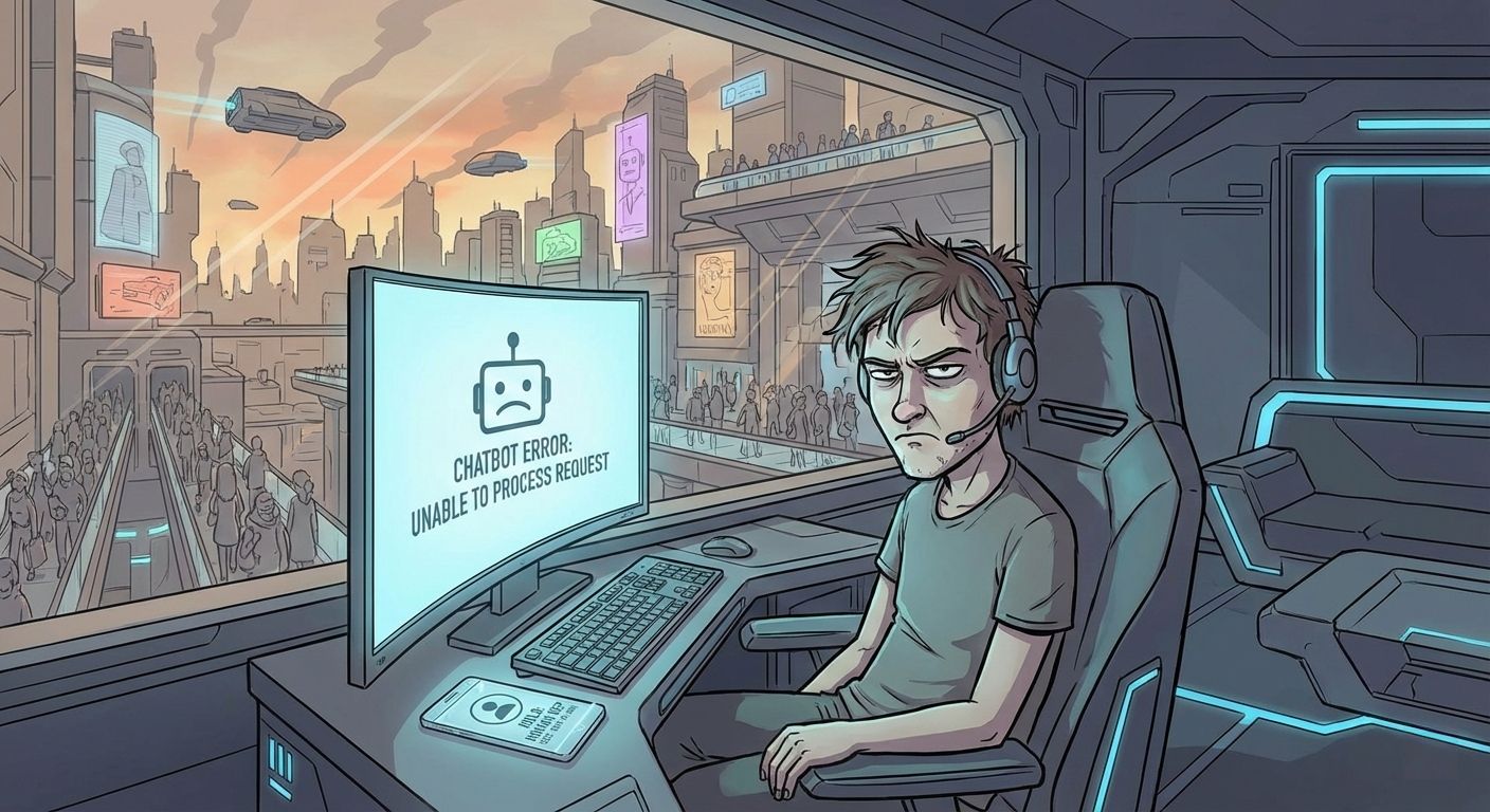 Create a detailed, realistic image of a frustrated customer sitting in front of a computer, with a chatbot screen displaying a failure message, a phone nearby with a human customer support representative on hold, and a background of crowded city streets, conveying the contrast between automated and human support. Cartoon, futuristic, illustrative