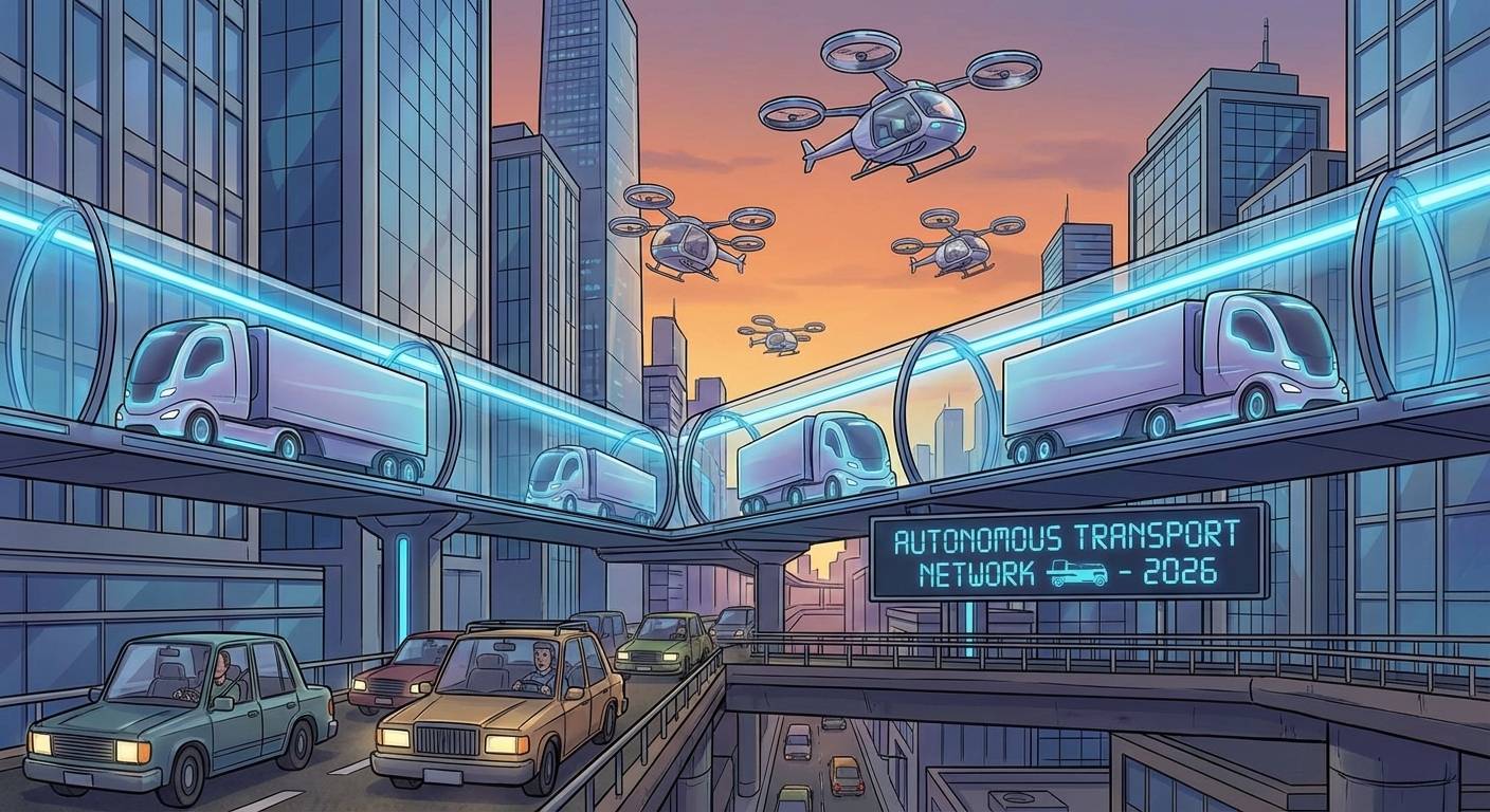 Illustrate a futuristic cityscape with autonomous trucks and electric vertical takeoff and landing (eVTOL) aircraft flying overhead, traversing a network of designated trucking corridors, highlighting the contrast between traditional and cutting-edge transportation systems, with a focus on the sleek design and advanced technology of the autonomous vehicles. Cartoon, futuristic, illustrative