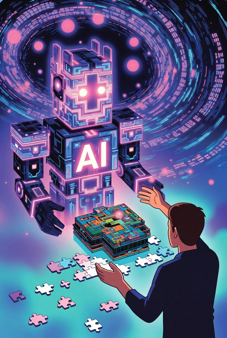 Create a high-resolution, surrealistic illustration of an AI system, a complex puzzle, and a human user interacting, with a backdrop of distorted, glowing lines and spheres of light, representing the struggle between confident AI answers and the user's guidance, as the user's hands reach out to correct the puzzle's incorrect pieces, amidst a swirling vortex of data and information. Cartoon, futuristic, illustrative