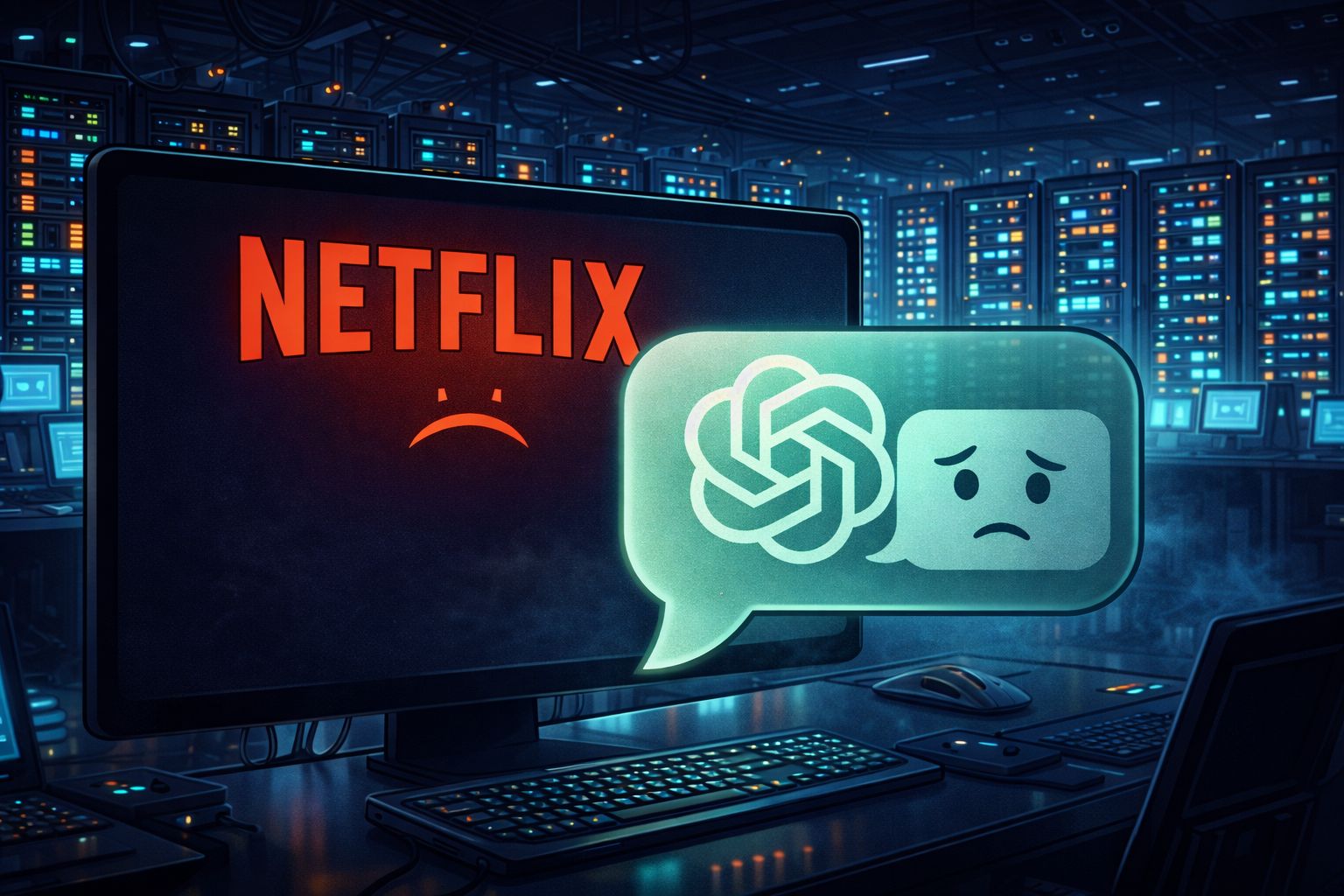 Create a striking illustration of a data center, with rows of servers humming in the background, amidst a subtle glow of computer screens and blinking lights, while a large screen in the foreground displays a Netflix logo with a faint, sad-looking ChatGPT chat bubble overlaid on top, symbolizing the contrast between energy-intensive media consumption and low-energy AI queries. Cartoon, futuristic, illustrative
