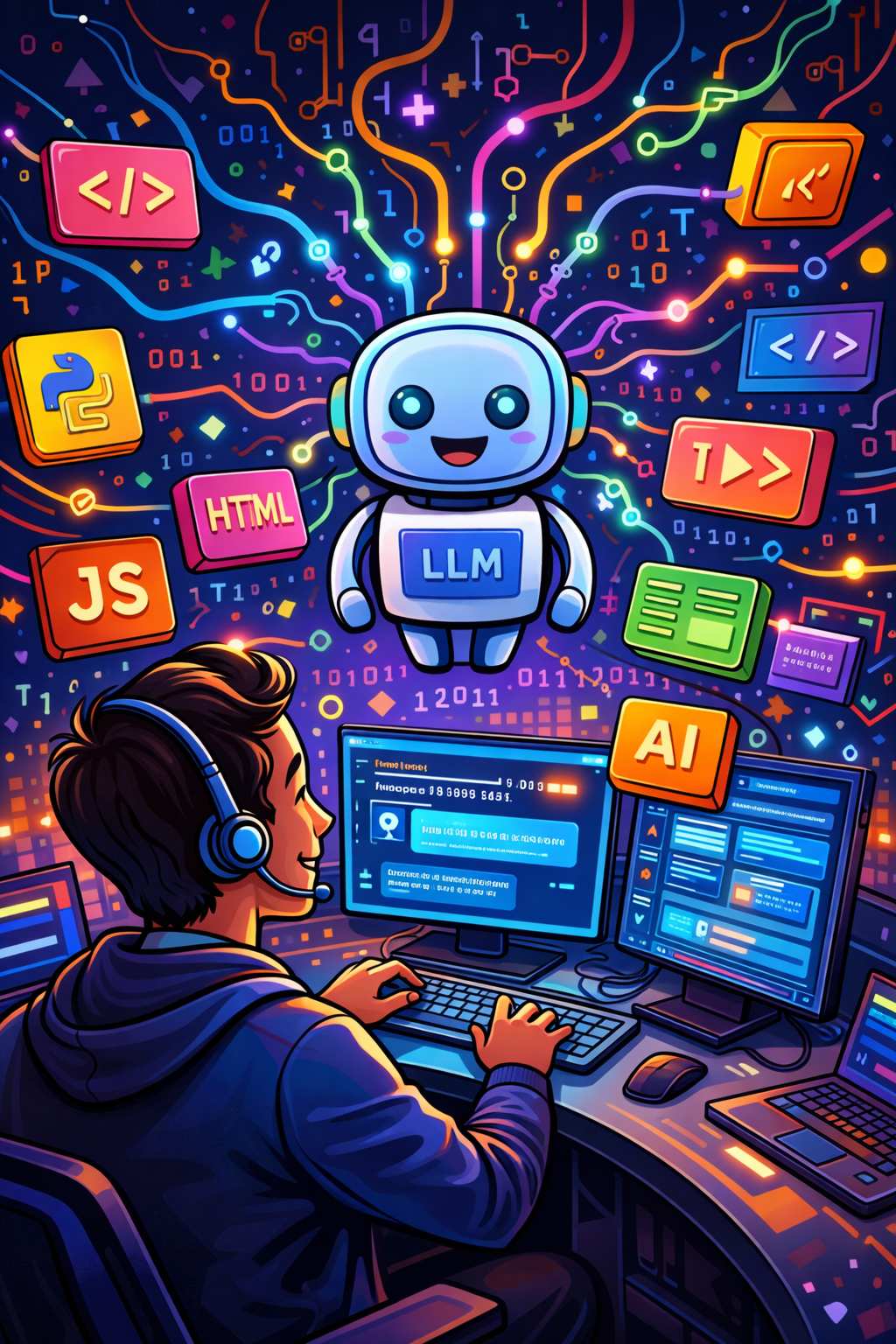 Create a vibrant, whimsical illustration of a person surrounded by colorful coding blocks and binary code, with a Large Language Model (LLM) represented as a friendly, smiling robot in the center, surrounded by playful, glowing circuits and wires, conveying a sense of fun and discovery in a technical coding environment. Cartoon, futuristic, illustrative