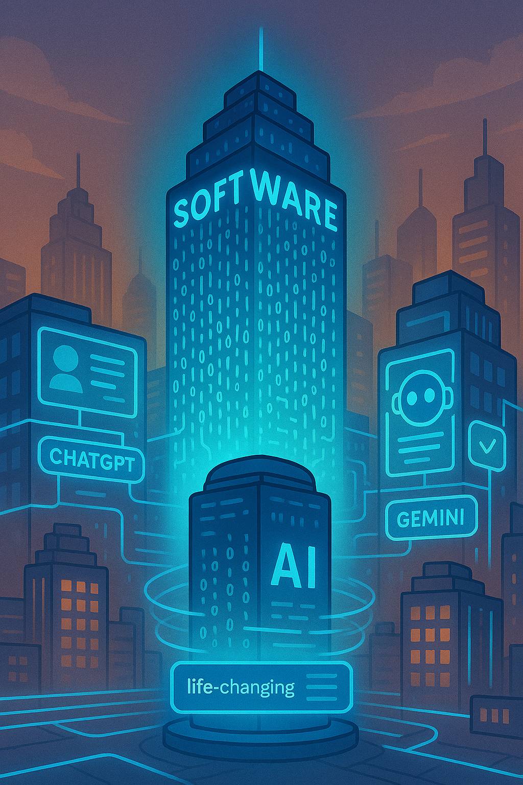 Illustrate a futuristic cityscape with a majestic skyscraper in the center, its facade a mesh of light and code, representing a software company. Surrounding buildings have AI-powered interfaces and glowing blue lines, symbolizing the shift toward AI-augmented services, while a subtle AI governance hub glows softly, overseeing the transformation. Cartoon, futuristic, illustrative