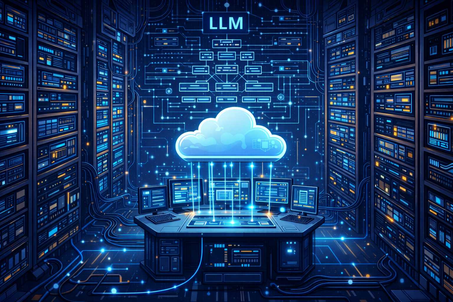 Create a futuristic, high-tech illustration of a large-scale data center with towering server racks, humming machinery, and a vast network of cables and wires. In the foreground, a cloud computing symbol floats above a sleek, modern workstation, with a hint of a LLM model architecture diagram in the background, surrounded by glowing blue lines and pulsing circuitry. Cartoon, futuristic, illustrative