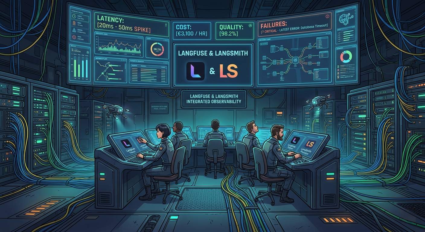 Generate a high-resolution image of a control room in a data center, where a team of engineers sit amidst a wall of screens displaying real-time data on latency, cost, quality, and failures, with Langfuse and LangSmith tooling icons on the consoles, surrounded by cables and networking equipment, set against a dark, futuristic background with neon lights. Cartoon, futuristic, illustrative