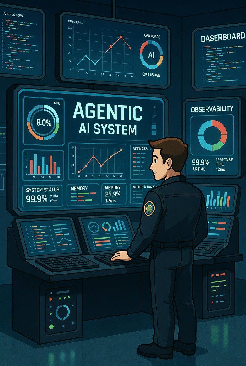 Illustrate a high-tech control room with a backend engineer standing in front of a sleek, futuristic console, surrounded by large screens displaying real-time system data and objectives, with agentic AI system dashboards and observability metrics prominently displayed, conveying a sense of reliability and precision in real-world task execution. Cartoon, futuristic, illustrative