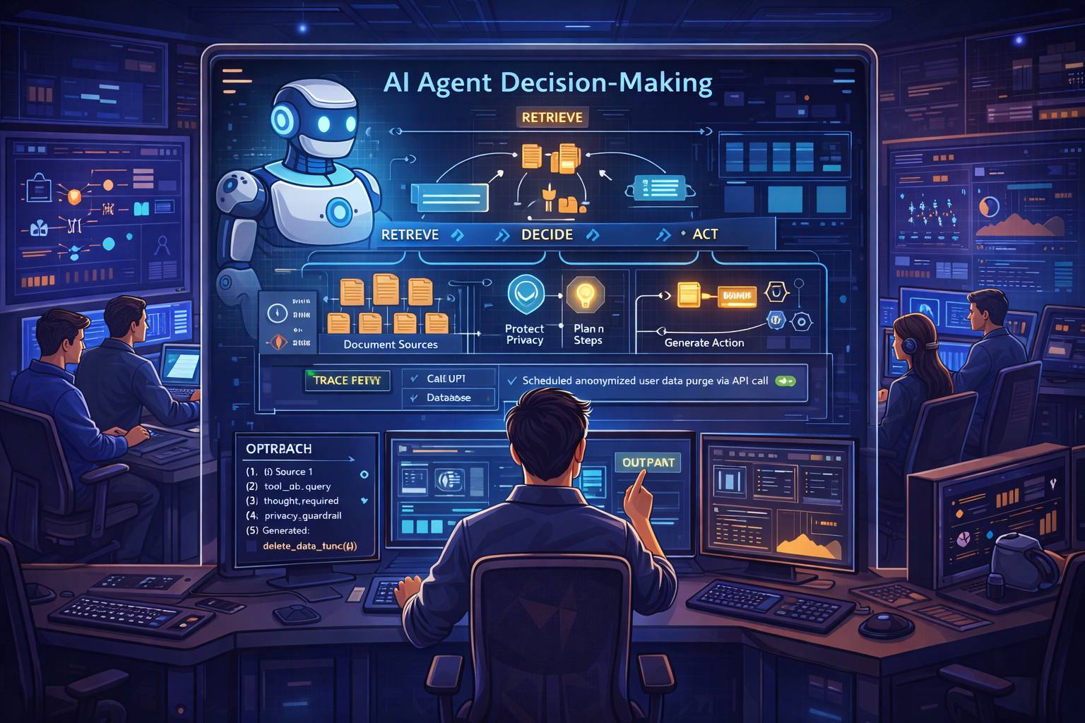 Illustrate a sleek, high-tech control room with a large screen displaying a complex AI agent's decision-making process, surrounded by monitoring consoles and data visualizations, with agents and developers collaborating in the background, utilizing detailed tracing capabilities to debug and improve the agent's performance and stakeholder trust. Cartoon, futuristic, illustrative