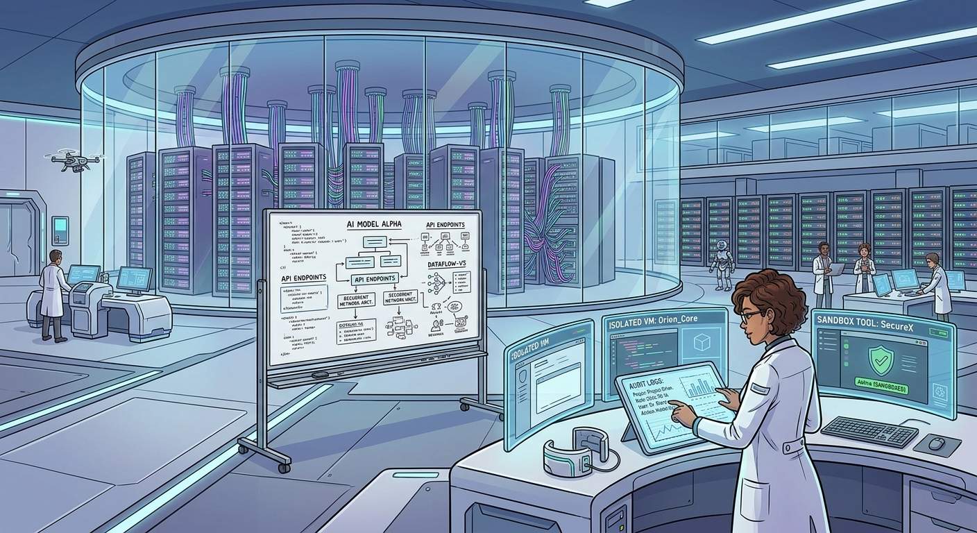 Illustrate a futuristic AI laboratory with a large, transparent server room in the background, surrounded by rows of humming data centers. In the foreground, a whiteboard displays code snippets and workflow diagrams, while a scientist in a lab coat reviews audit logs on a touchscreen tablet, with isolated virtual machines and sandboxed tools visible on multiple screens. Cartoon, futuristic, illustrative