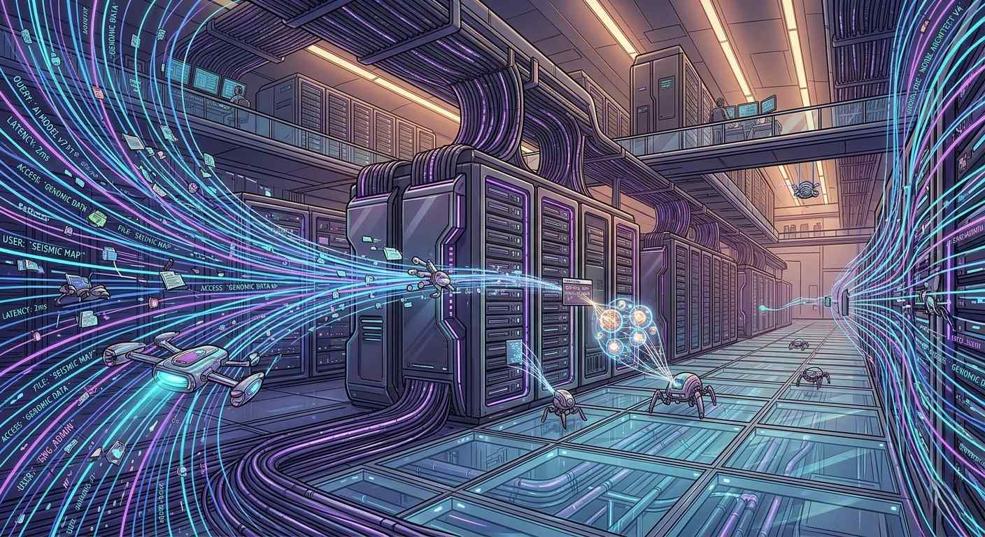 Create a futuristic, high-tech illustration of a massive, sleek server room filled with rows of humming computers and data storage units, surrounded by a network of glowing, swirling blue and purple lines representing vast amounts of data, with AI agents subtly integrated into the scene, searching for and accessing the right information at the right time. Cartoon, futuristic, illustrative