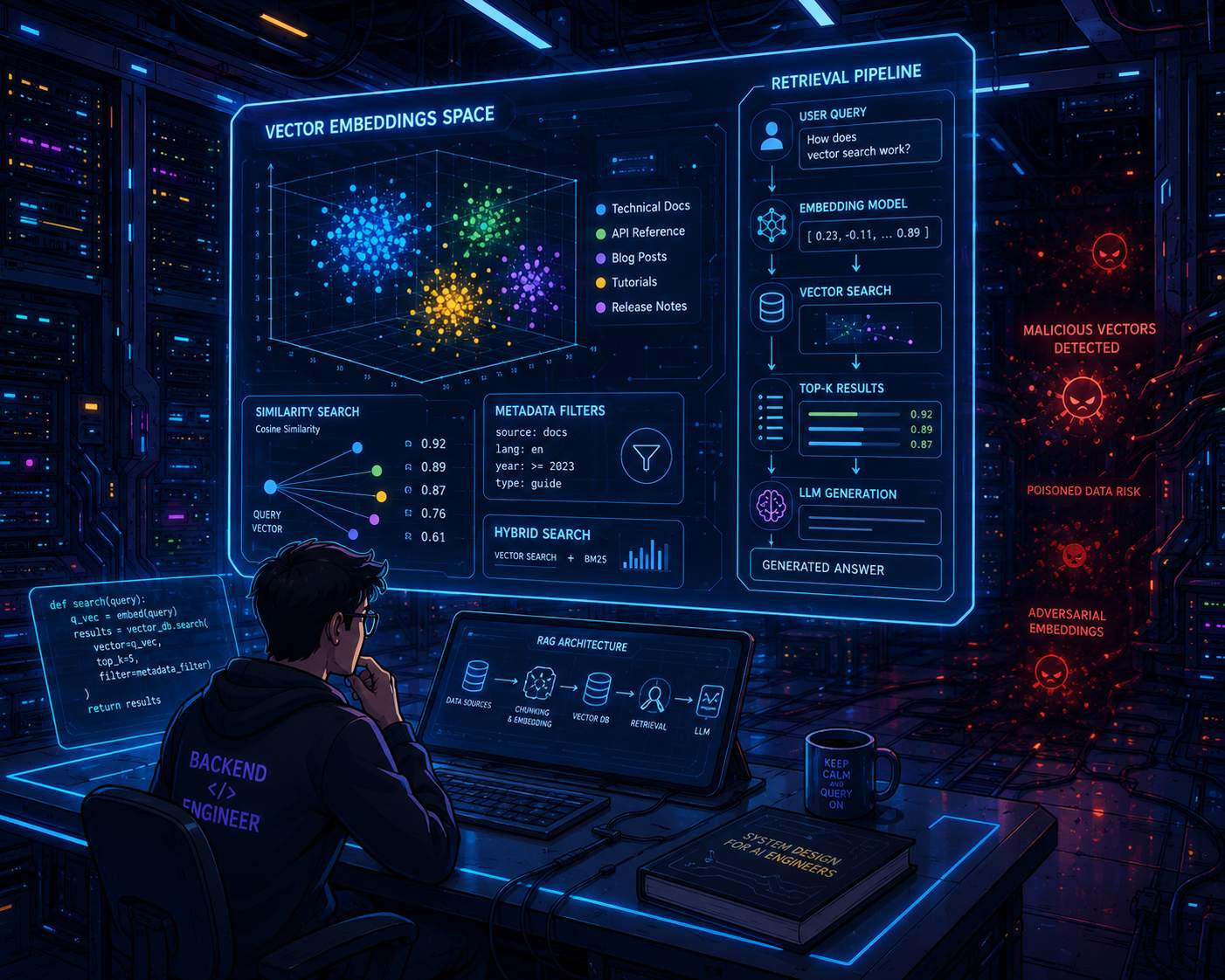 Illustrate a futuristic, high-tech server room filled with humming computers and data centers, where a solitary backend engineer sits amidst the machinery, intently studying a complex graph of vector embeddings and retrieval pipelines on a holographic display, while a sense of unease looms in the background, represented by a subtle glow of malicious vectors lurking in the shadows. Cartoon, futuristic, illustrative