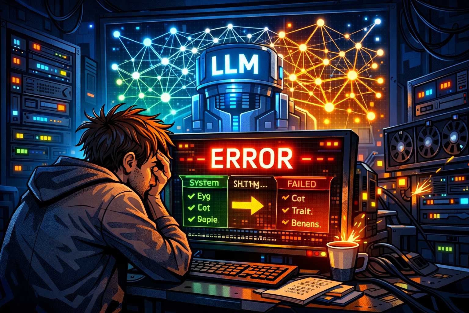 A futuristic, high-tech computer lab with a large screen displaying a complex neural network graph behind a LLM model. In the foreground, a disheveled engineer stares at a code-filled terminal, illustrating the consequences of changing backend infrastructure on a seemingly stable AI system, with a red 