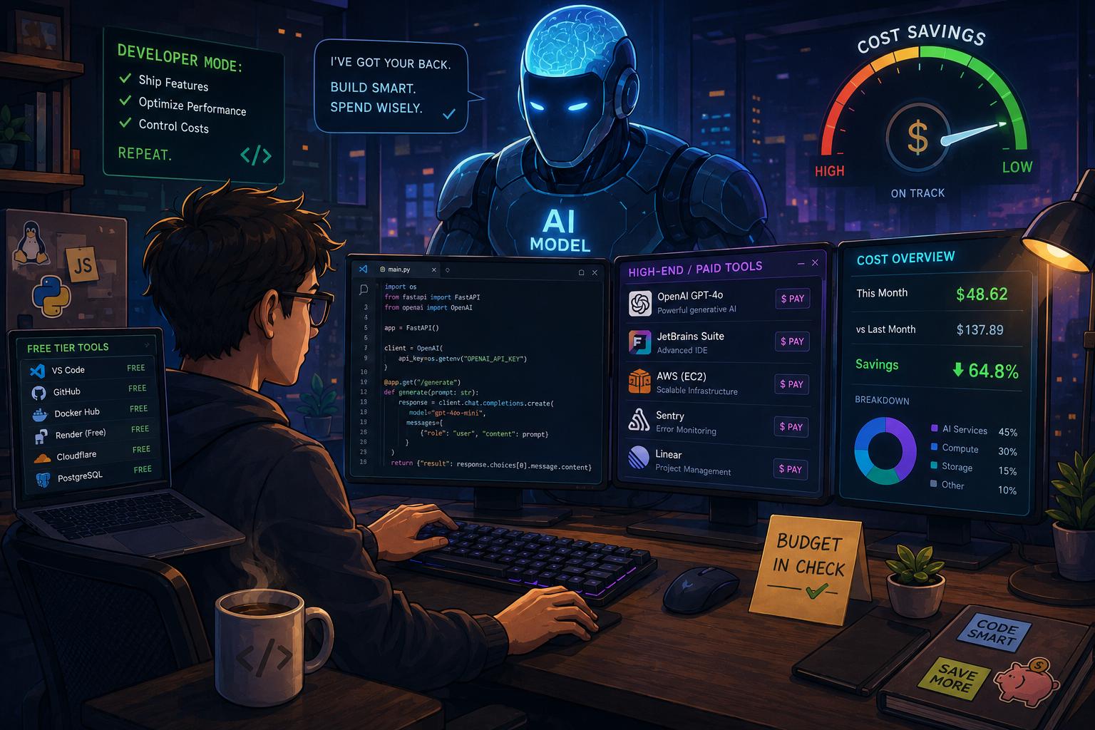 Illustrate a software developer sitting at their desk with multiple computer screens, a keyboard, and a cup of coffee, with a large model AI model looming behind them, a balanced yet contrasting mix of high-end and free-tier tools and software on the screens, and a 