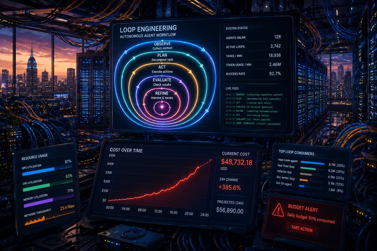 Create a detailed, realistic illustration of a high-tech data center with rows of humming servers and glowing circuitry, surrounded by a dense network of fiber optic cables, with a central dashboard displaying a spiraling animation of nested loops, and a foreground display showing a graph rapidly increasing in cost, amidst a backdrop of a city skyline at dusk. Cartoon, futuristic, illustrative