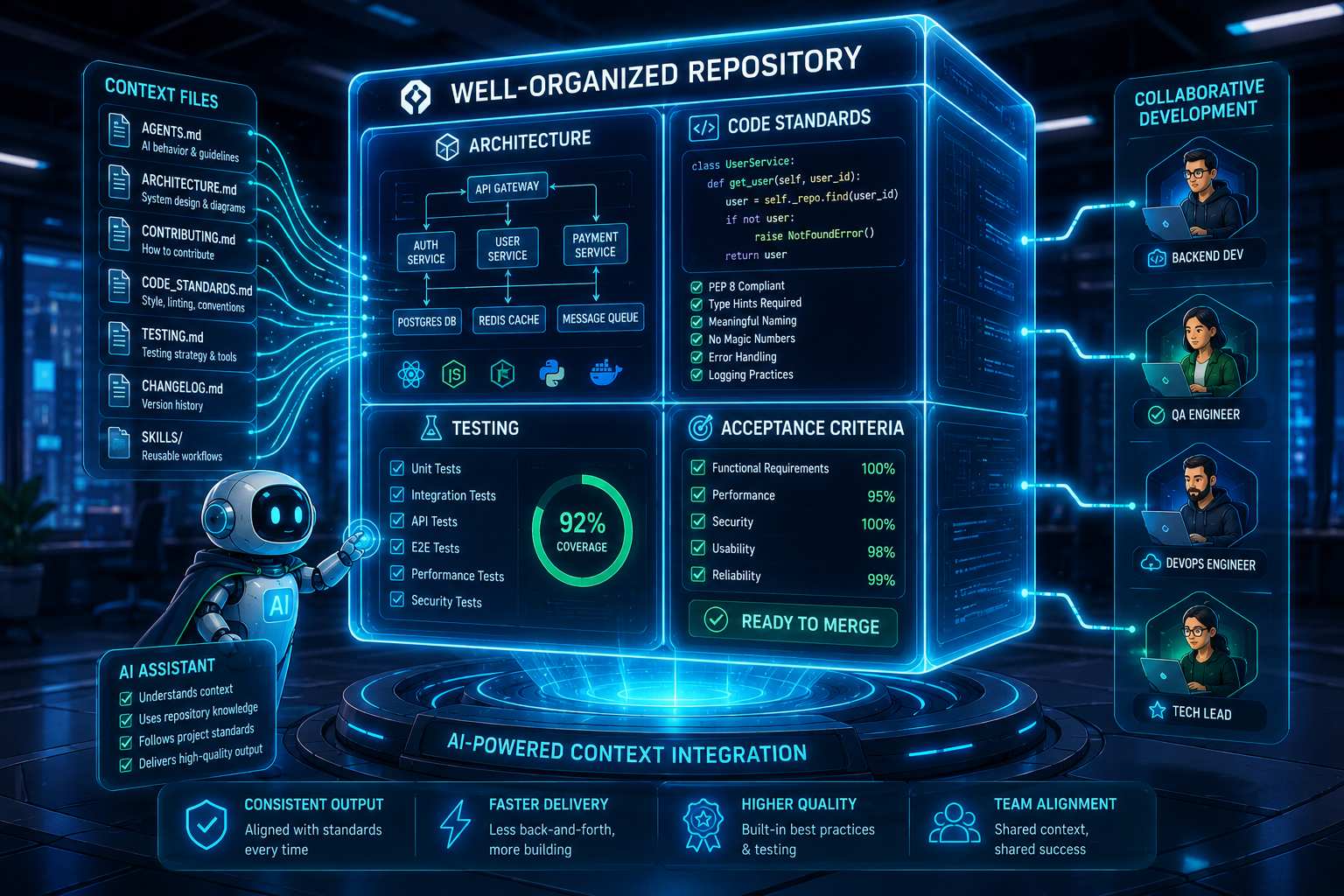 Repository Engineering
Organize every repository with dedicated AI context files to help Antigravity learn project conventions.
Provide architecture, coding standards, testing rules, and acceptance criteria once to avoid repeated explanation.
Store stable project knowledge in files to keep context concise.