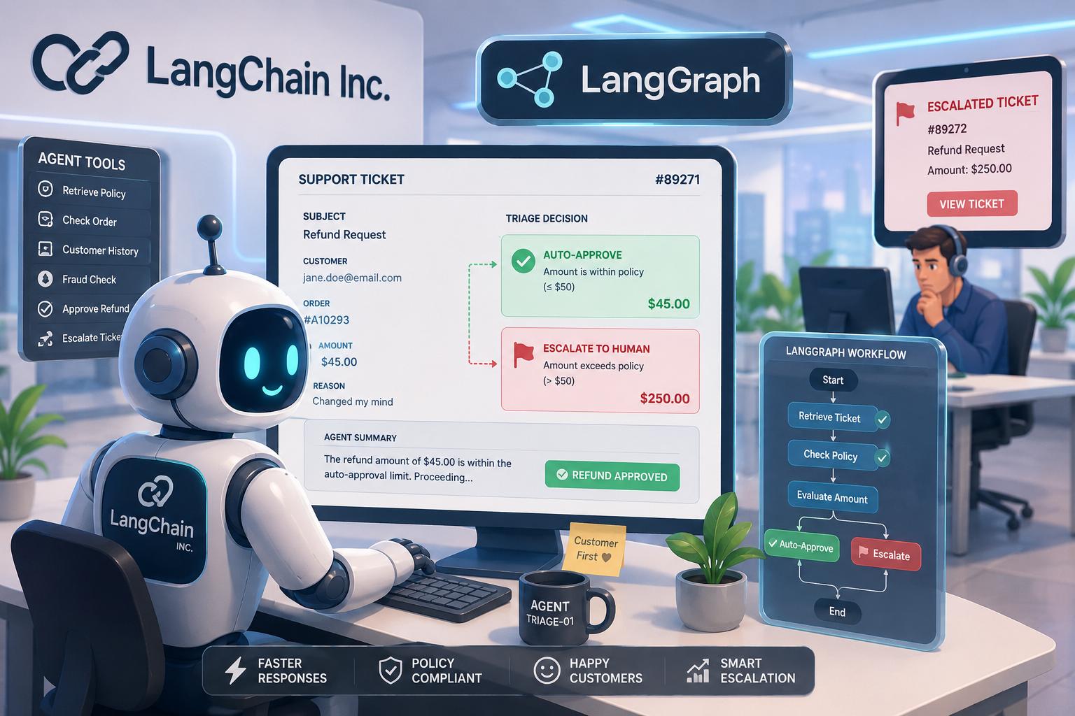 Illustrate a support-ticket triage agent sitting at a desk with a computer screen displaying a refund request, with a green checkmark auto-approving small amounts and a red flag escalating large ones to a human in the background, surrounded by LangChain Inc. company logo and LangGraph integrated UI elements in a sleek, modern office environment. Cartoon, futuristic, illustrative
