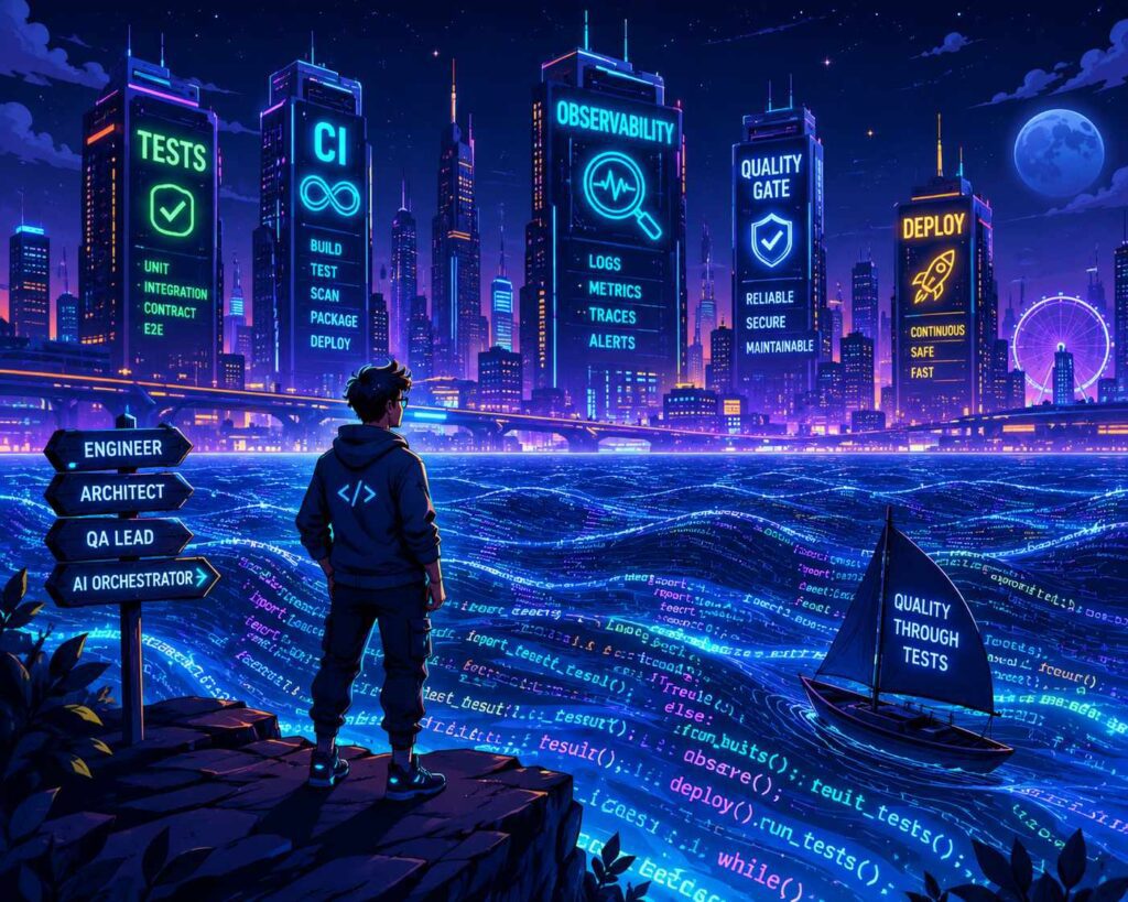 "Create a dynamic, futuristic illustration of a software engineer standing at the edge of a vast, darkened code ocean, with glowing lines of code flowing like waves beneath them. In the background, a cityscape of sleek, high-tech skyscrapers embodies the essence of innovation and productivity, with neon lights highlighting the importance of tests, CI, and observability." Cartoon, futuristic, illustrative
