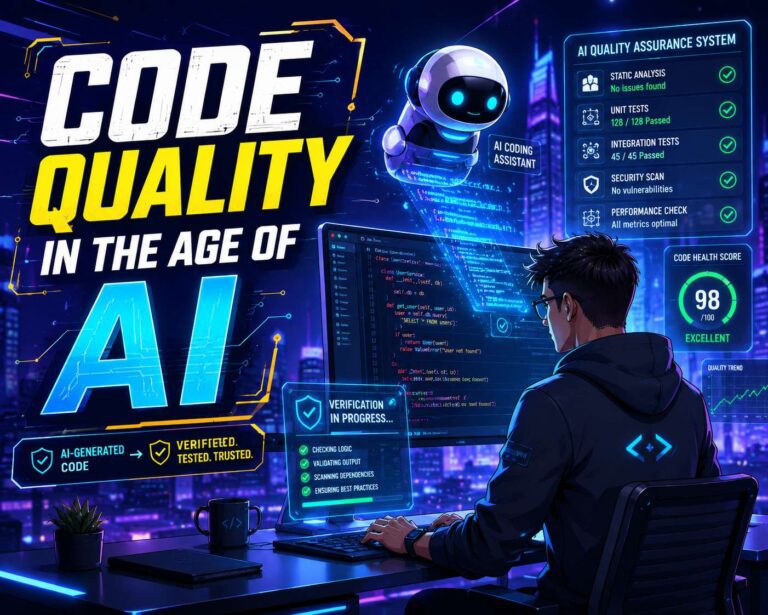 "Create a futuristic, high-tech illustration of a software developer surrounded by a sleek, modern coding environment, with an AI-powered coding assistant hovering above the screen, generating lines of code rapidly as a verification system in the background checks for errors and ensures AI-quality assurance, with a cityscape or a digital landscape blurred in the background to convey the revolutionary shift in software development." Cartoon, futuristic, illustrative
