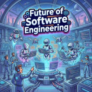 "Create a futuristic, high-tech illustration of a software development studio with AI coding agents dominating the workspace. Agents of various shapes and sizes float above coding desks, expertly coding and debugging with lightning speed. Code snippets swirl around them, as developers look on with awe, surrounded by sleek, modern machinery and holographic displays." Cartoon, futuristic, illustrative