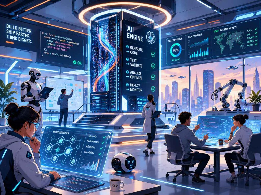 "Depict a futuristic software engineering lab with a large AI-powered mainframe at its center. Engineers in sleek, high-tech attire work alongside futuristic robots, surrounded by illuminated screens and lines of futuristic code streaming down." Cartoon, futuristic, illustrative