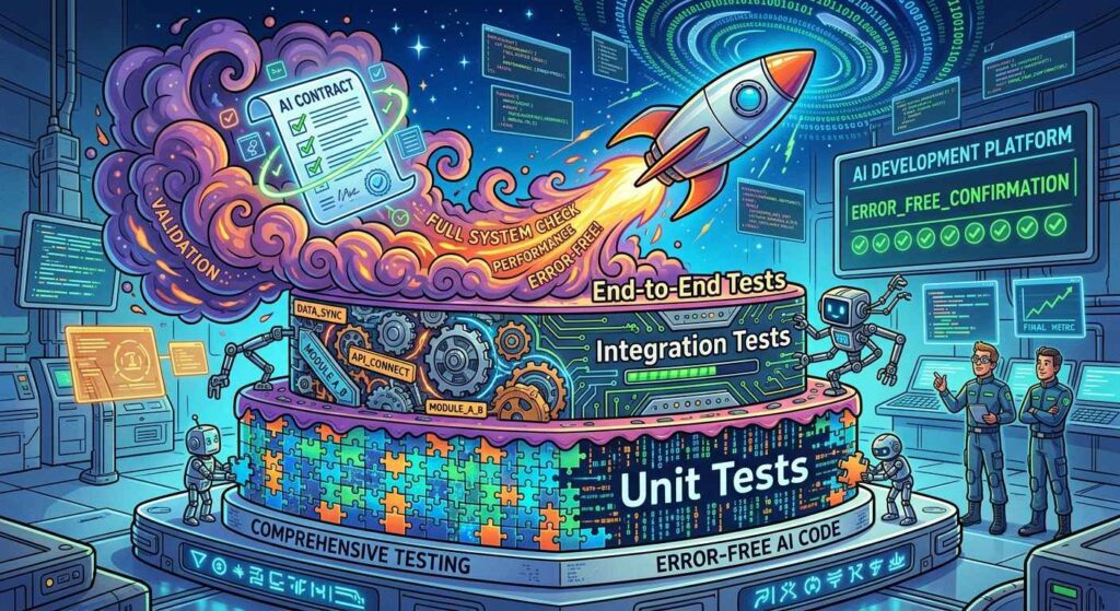 "Generate an illustration of a three-layered cake with each layer representing different stages of testing: the bottom layer is 'Unit Tests' with small puzzle pieces, the middle layer is 'Integration Tests' with gears and circuits, and the top layer is 'End-to-End Tests' with a rocket blasting off into the sky amidst smoke and flames, surrounded by a contract and a swirling vortex of code, symbolizing comprehensive testing and error-free AI-generated code." Cartoon, futuristic, illustrative
