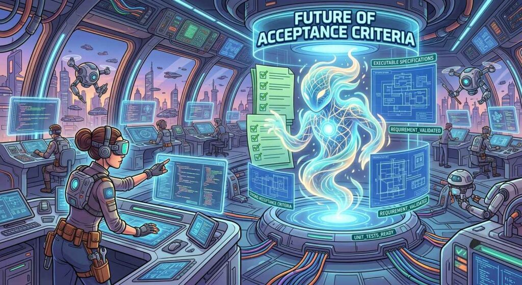"Create an illustration of an engineer designing a futuristic laboratory environment, surrounded by rows of sleek workstations, AI hardware, and interactive screens. In the center, a digital AI agent is represented as a glowing, ethereal entity, with a gentle, blue light emanating from its core, surrounded by green checklists and blueprints, symbolizing strong acceptance criteria and executable specifications." Cartoon, futuristic, illustrative