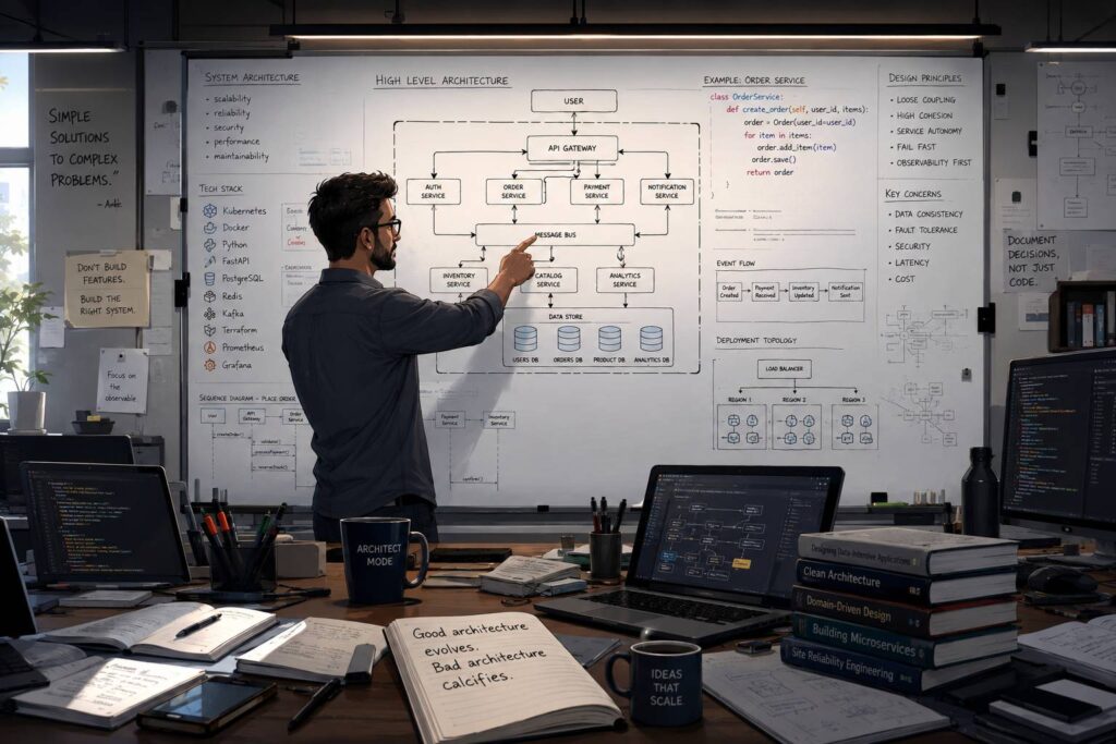 "Create an immersive, high-fidelity image of a software architect standing in a modern, minimalist office, surrounded by whiteboards filled with complex diagrams, code snippets, and system architecture blueprints. The architect is pointing to a large, central diagram, with laptops, tools, and books scattered around, conveying a sense of intense focus and collaboration." Cartoon, futuristic, illustrative