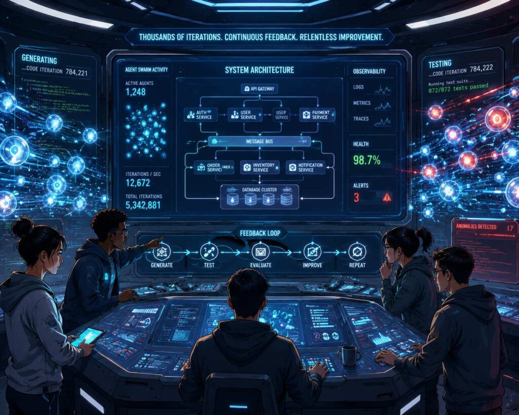 "Depict a sleek, futuristic control room with a large screen displaying a complex system's architecture. A team of engineers huddle around a central console, surrounded by an array of high-tech equipment. In the background, a swarm of agents are represented by glowing, ethereal orbs, generating and testing thousands of code iterations, with subtle errors and anomalies highlighted in red, illustrating the importance of a robust feedback loop." Cartoon, futuristic, illustrative