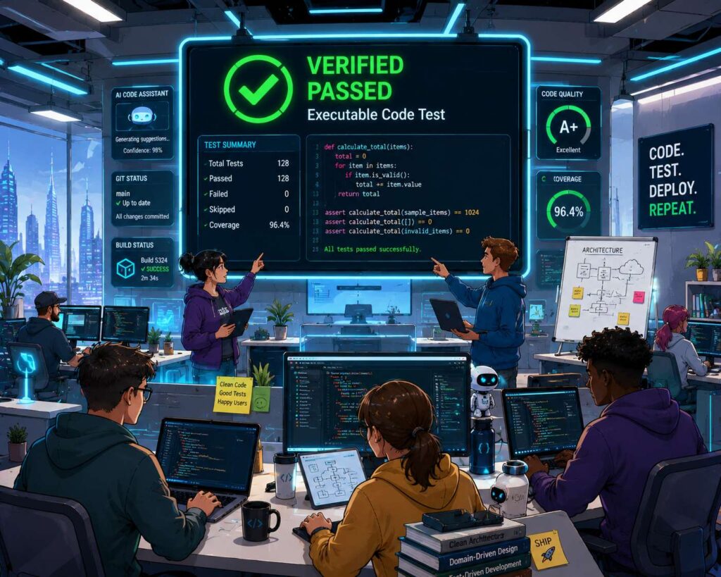 "Render a sleek, modern software development lab with a large screen displaying a green checkmark and the words 'Verified' and 'Passed' above an executable code test, surrounded by developers working on code in a collaborative, high-tech environment." Cartoon, futuristic, illustrative