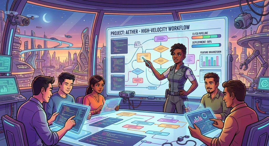 Illustrate a team of diverse engineers gathered around a large, futuristic whiteboard, with a cityscape in the background. Multiple software developers are collaborating, each with a tablet or laptop, while a lead engineer stands confidently at the center, overseeing the high-velocity workflow. Cartoon, futuristic, illustrative