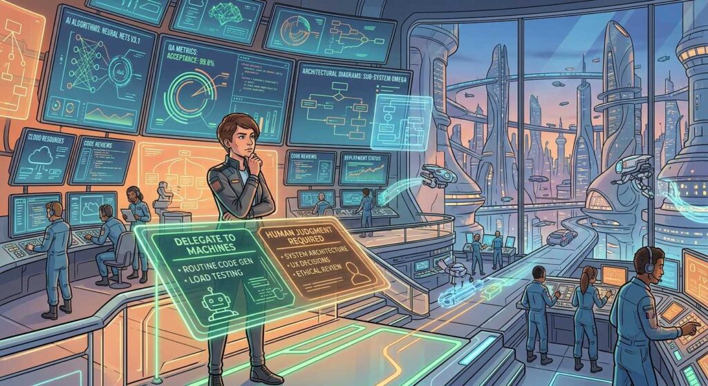"Illustrate a technical lead standing in a futuristic control room, surrounded by screens displaying AI algorithms, QA metrics, and architectural diagrams. In the foreground, a large decision-making board with 'delegate to machines' and 'human judgment required' sections. Engineers in the background work on systems, with a cityscape of technological advancements in the distance." Cartoon, futuristic, illustrative