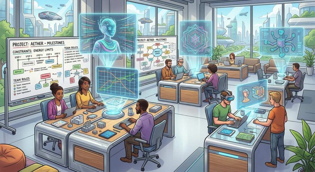 "An open, well-lit co-working space filled with humans of diverse backgrounds working together at sleek, modern desks, surrounded by large whiteboards detailing project plans and constraints, with AI agents manifesting as futuristic holographic displays hovering above the workspace, calmly observing and guiding the collaborative effort." Cartoon, futuristic, illustrative
